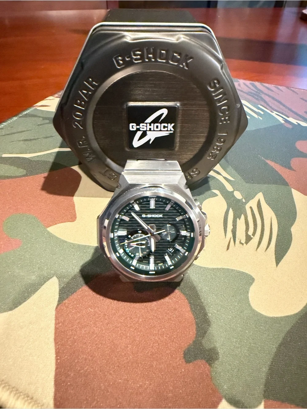 Casio G-Shock Men’s Silver Watch with Green Dial and Steel Bracelet